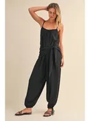 Aladdin Jumpsuit with Waist Tie - Black & Oatmeal