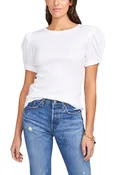 1. STATE Womens White Cotton Ribbed Pouf Sleeve Crew Neck Wear To Work T-Shirt L