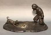 Japanese Antique Bronze Okimono Hanasaka Jisan&amp;amp; His Dog; the Old Man Made Cherry Trees Blossom.