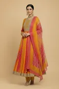 Mustard & Pink Bandhani Silk Anarkali Set with Mirror Work