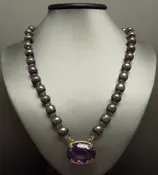 14KT Gold Diamond Heart Clasp + Oval Amethyst Solitaire &amp; Peacock Pearl Necklace C1980