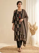 Black Embroidery Cotton Blend Kurta With Pant & Dupatta
