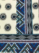 Antique Off-White/Cyan Cobalt Blue/Multi Rayon/Lycra Large Southwest Frame Ornate Dot Print Jersey Knit - NY Designer - 60W