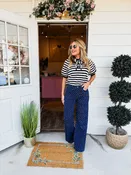 All Aboard Striped Puff Sleeve Collared Top - Navy