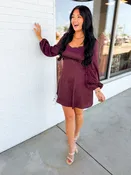 Abstract Dotted Long Sleeve Mini Dress - Mauve Wine
