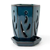 4" x 6" Teal Jade Fluted Hexagon Ceramic Orchid Pot