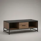 Table basse rectangulaire avec tiroir et 2 niches en panneaux de particules mélaminés et acier, noir et chêne brun, 110 × 55 × 45 cm