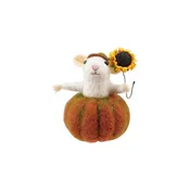 Adorable Wool Felt Mouse Critter in a Pumpkin w Sunflower