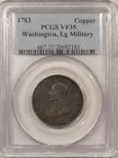 1783 COPPER WASHINGTON LARGE MILITARY BUST COLONIAL - PCGS VF-35, SUPER ORIGINAL