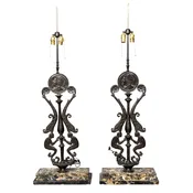 Pair Of Art Deco Cast Iron And Portola Marble Lamps