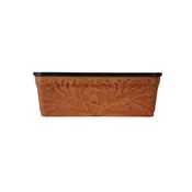 American West at Home Leather‑Accented 10" Rectangle Planter with Plastic Insert — Small, Hand‑Tooled Leather
