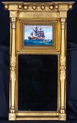 19th c. American Gilded Neoclassical Mirror with inset painting of a Whale Ship