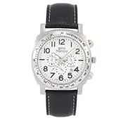 Gino Franco Mens Round 45mm Stainless Steel Chrono Watch with Black Genuine Leather Band