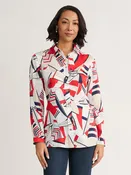 Abstract Print Button-Up Blouse, Satin Twill