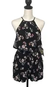 Womens Floral Romper Halter Neck Sleeveless Waist Tie Pocket Small Black