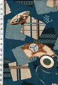 1020 - Juban - Antique Sake Cup with Crane & Turtle & Fans- 29" Wide - Wool - Very Light Weight - Blue - By the Yard