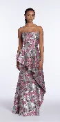 Angled Peplum Strapless Metallic Floral Jacquard Dress