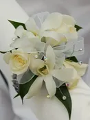 WHITE DENDROBIUM ORCHID CORSAGE WITH WHITE ROSES!