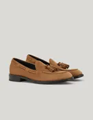 Brown nubuck tassel loafers with rubber and leather soles