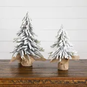 10" and 13” Artificial Mini Flocked Christmas Tree with Burlap Base - Set of 2