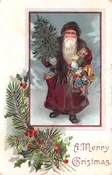 “A Merry Christmas”, Burgundy Robed Santa With Toys, Vintage Postcard U22086