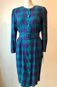 1980’s Deadstock Karin Stevens Plaid Rayon Fitted Shirt Dress with Belt, Size 12