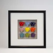 10x10 Shadowbox with Multicolor Mugs in a Black Frame