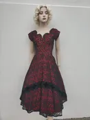 1950's Red Tafetta  with Black Lace Dress size 4