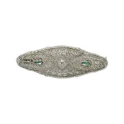 14k White Gold Antique Filigree Diamond & Green Stone Brooch VS Clarity
