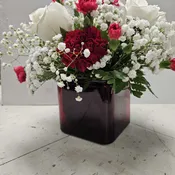Red cube with red & white flowers (or clear cube)