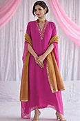 Cerise Pink Dabka Embroidered Chiffon A Line Palazzo Suit for Diwali Party