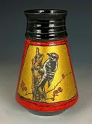 Downy Woodpecker Gilded Vase in Red — Suzanne Crane Fine Stoneware