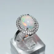 14K White Gold, Natural Opal and Full-Cut Earth Mined Diamond Ring — Turkey Mountain Traders