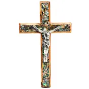 10″ Wooden Wall Cross – Metal Crucifix on Mother of Pearl inlay – Made in the Holy Land