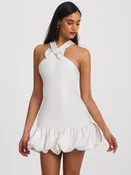 Barbra White Cross Straps Bodycon Mini Dress with Bubble Hem (Archive Sale)