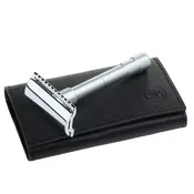 Merkur 46C Travel Safety Razor with Leather Case - Satin Chrome Finish