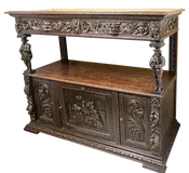 Antique English Carved Oak Server With Shelf and Doors