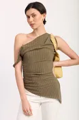 Asymmetrical Striped One Shoulder Top in Olive