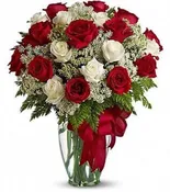 2 Dozen Red and White Roses with Baby's Breathe and Assorted Greenery — Minervas Flowers