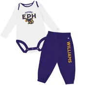 Champion® Long sleeve infant onesie & pants set with Future Eph & cow mascot on the chest, and WILLIAMS down the left leg in gold. Sizes 6/9m - 18m. Purple & White