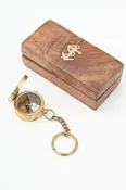 Batela Compass w/ Lid Keyring w/ Inlaid Wooden Box, Antiqued Brass