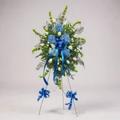 Blue Hydrangeas & White Roses Funeral Standing Spray
