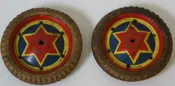 1-1/2" Tin Litho wheels with tire. Made in Japan, original condition