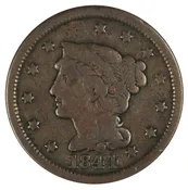 1844 Braided Hair 1c ANACS VG8, 44 Over 81, N-2 — Sam Sloat Coins