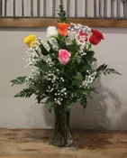 1/2 DOZEN MIXED COLORED ROSES WITH FILLER