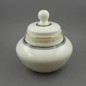 Vintage 1980s Royal Doulton Olympia Sugar Bowl - Black, White, Gold Greek Key Design Lidded Jar, Trinket Box - Fine Bone China, England
