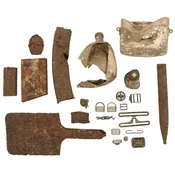 Original U.S. & German WWII Battle of the Bulge Battlefield Pickup Relic Lot: BAR & M1 Carbine Magazines, Shrapnel-Damaged German STG 44 Magazine, K98 Bayonet Scabbard & Shovel Head - Inert
