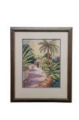 Talbot Tropical Caribbean Garden Village Watercolor on Silk Painting 27