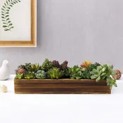 15 Inch Artificial Assorted Succulent Plant Arrangement in Rustic Burnt Wood Plant Pot