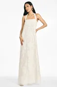 AMAL IVORY LINEN BLEND HALTER FLOOR LENGTH GOWN